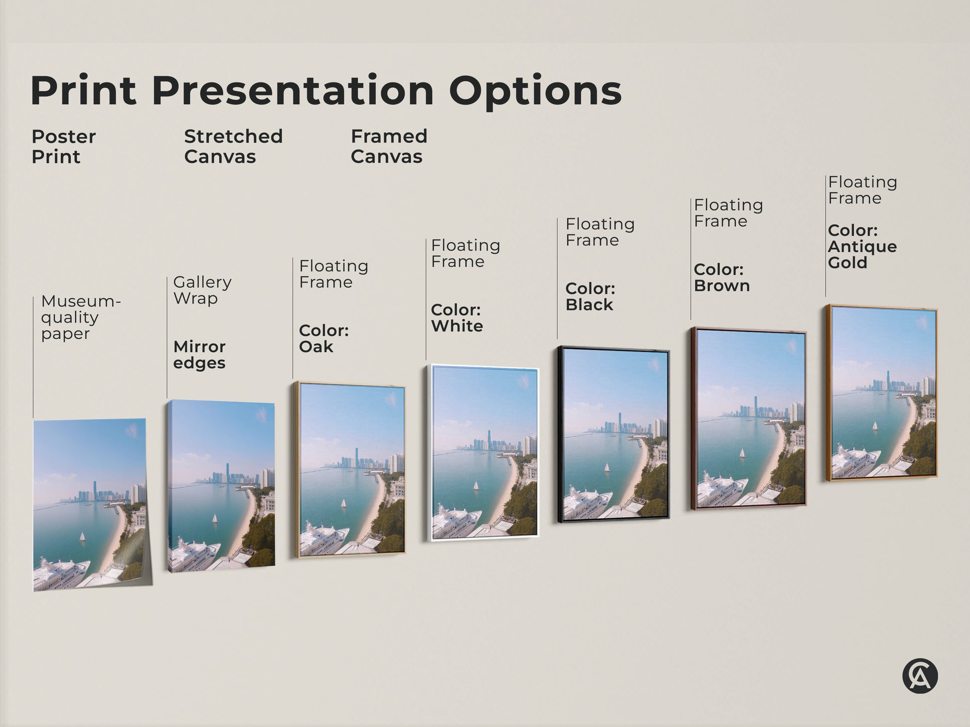 Explore print presentation options with this coastal cityscape artwork. Choose from a poster print stretched canvas or framed canvas. Each features a yacht and sailboat on an aqua ocean. Options include museum-quality paper gallery wrap and floating frames in various colors. Elevate your space with modern travel-inspired wall decor.