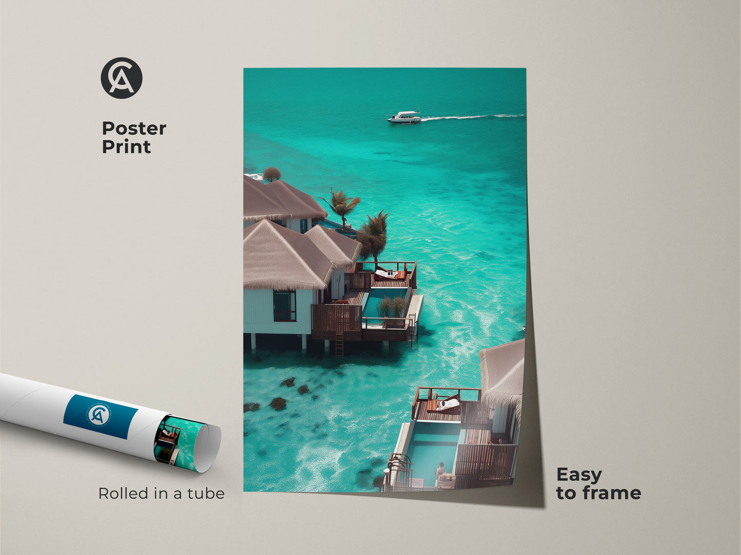 Poster print featuring a luxury tropical resort bungalow. The teal ocean and speedboat create a coastal beach house vibe. This turquoise water canvas is easy to frame. It makes an ideal housewarming gift for beach lovers seeking vacation vibes and sophisticated art.