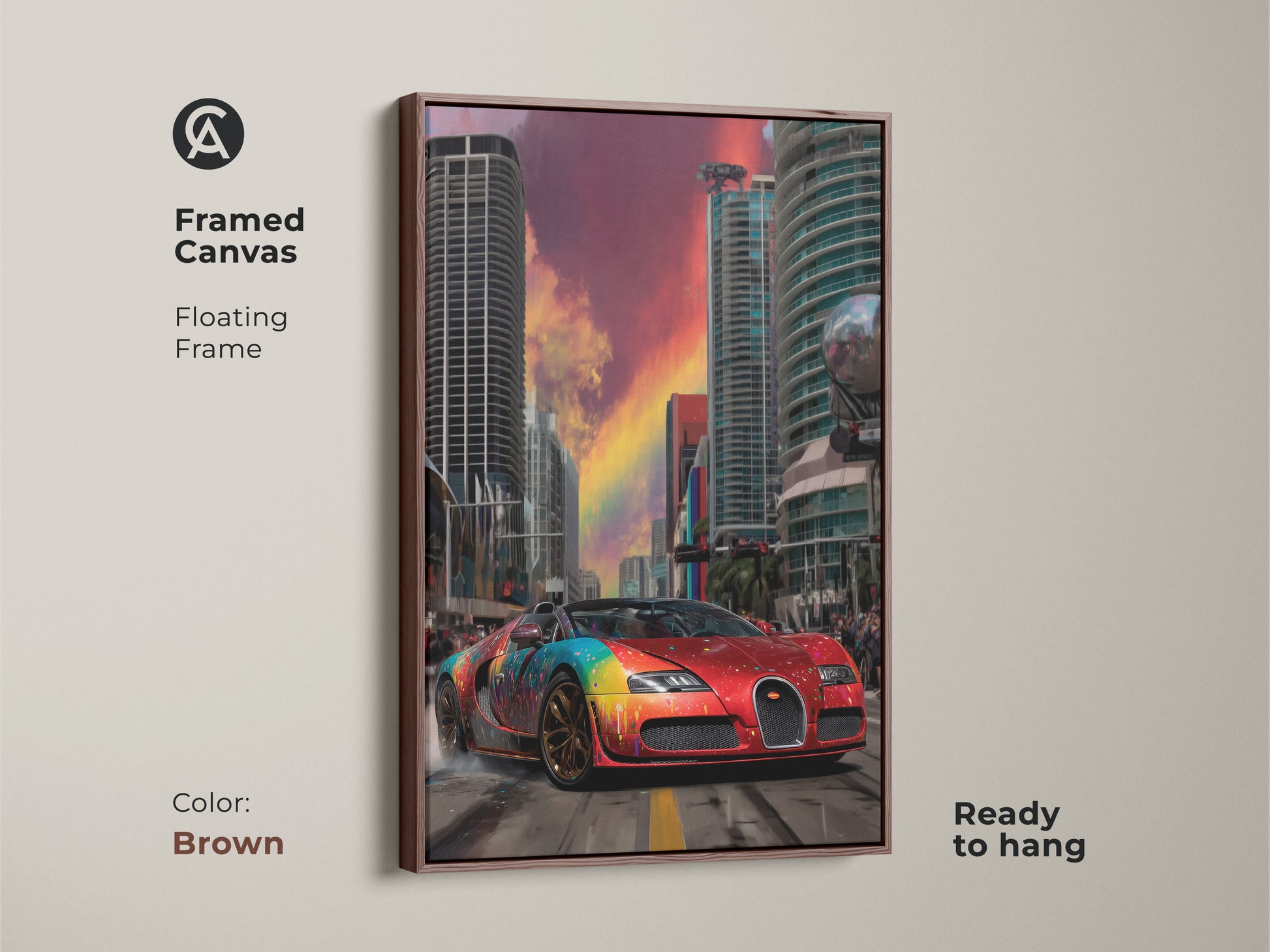 A framed canvas showcasing a red sports car with rainbow splatter effects. The floating frame adds a stylish touch. Ready to hang with a brown frame. This is a modern abstract graffiti canvas. This automotive art is a cool garage addition. This is the perfect gift for car enthusiasts. The urban cityscape in the artwork brings energy to any space. It is a vibrant and unique art piece.