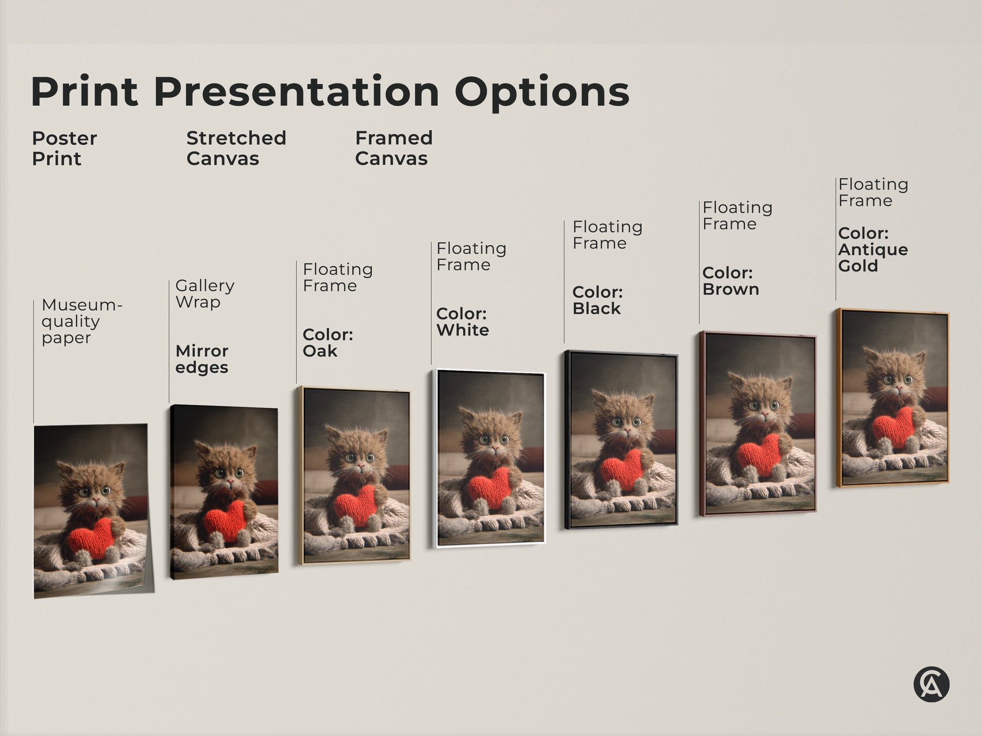 Explore print presentation options for this heartwarming kitten artwork. Choose from poster prints stretched canvas or framed canvas. Each option highlights the cute cat print making it perfect for cozy bedroom decor or a unique gift.