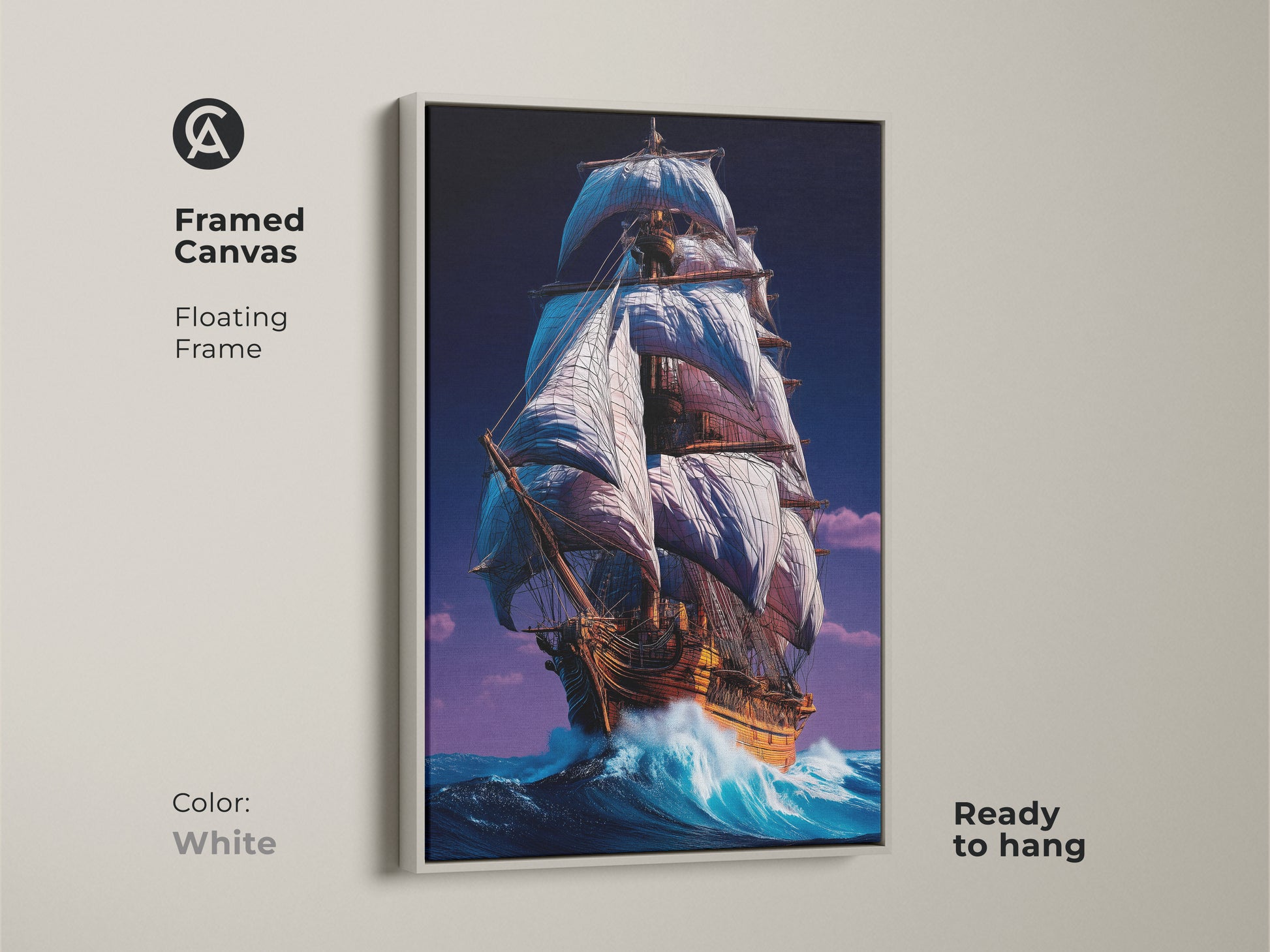 Tall ship canvas artwork framed in a white floating frame. The nautical wall art is ready to hang. This maritime adventure artwork evokes the spirit of the sea. This classic sea voyage print will make a statement in any room.