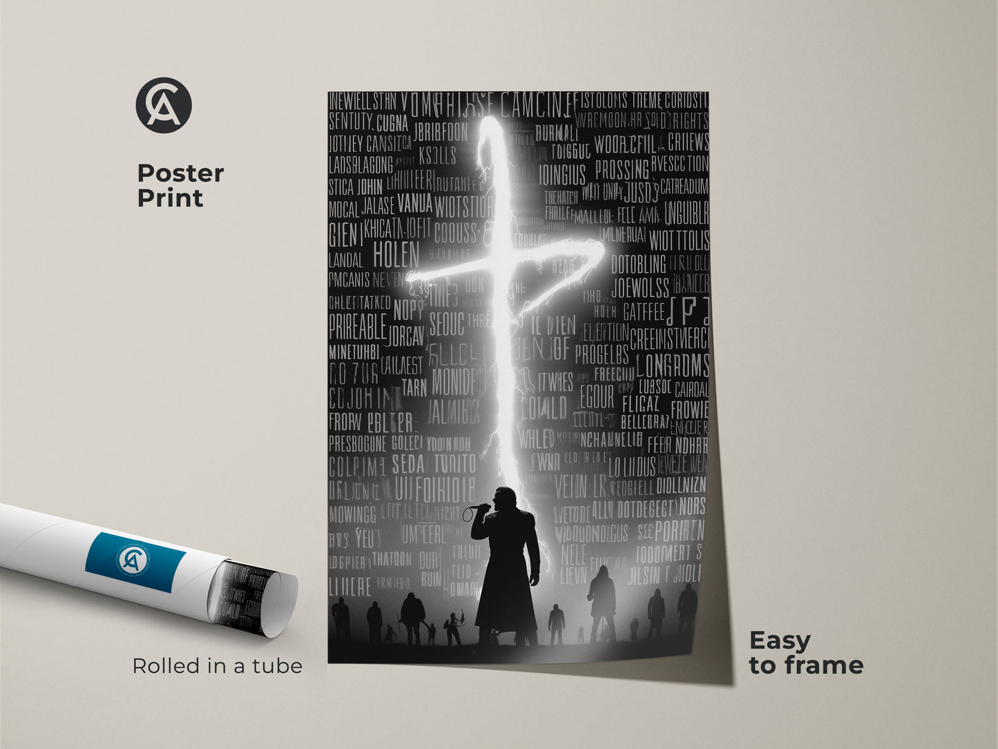 Poster print shows a rolled music typography artwork. It captures a gothic singer silhouette in black and white. The hip hop concert poster is easy to frame. The dark academia print displays a neon cross design. Ideal for music fans. This alternative room decor is perfect for any space.