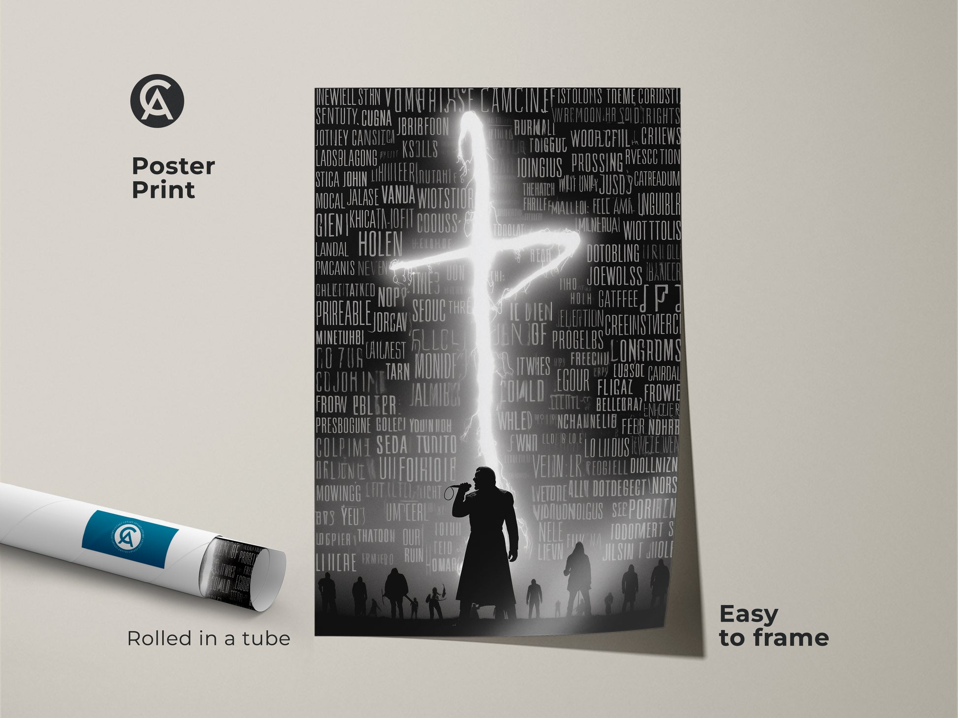 Poster print shows a rolled music typography artwork. It captures a gothic singer silhouette in black and white. The hip hop concert poster is easy to frame. The dark academia print displays a neon cross design. Ideal for music fans. This alternative room decor is perfect for any space.