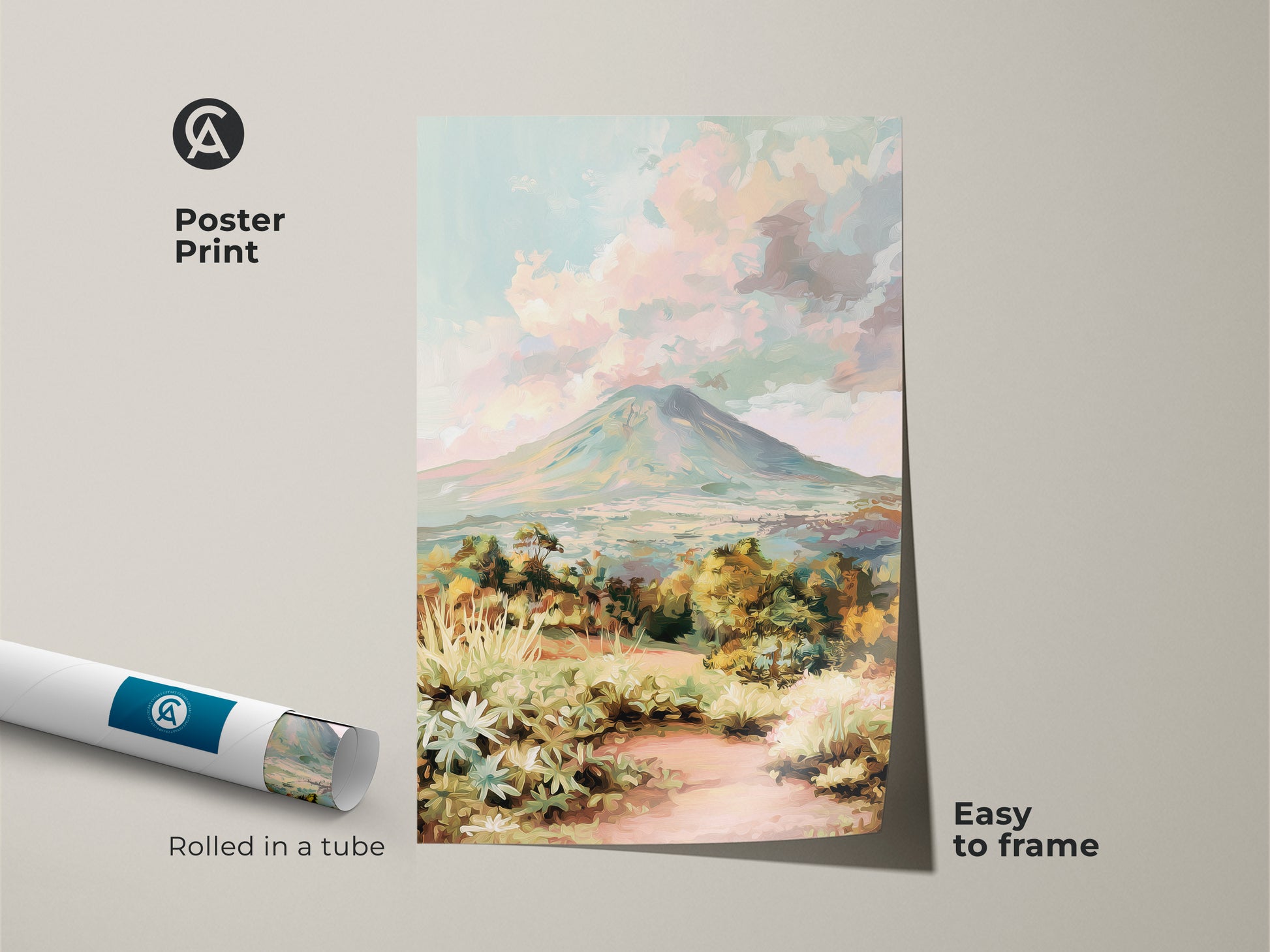 Impressionist mountain art displayed as a poster print. The painterly teal green artwork is rolled in a tube. This pastel pink sky wall art is easy to frame. The nature scenic print can enhance eclectic home decor. Consider this nature lover gift wall art.