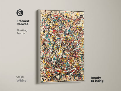 Abstract art printed on framed canvas. The white floating frame complements the artwork and is ready to hang. The canvas features splatters of red yellow teal and white. This modern piece brightens any room.