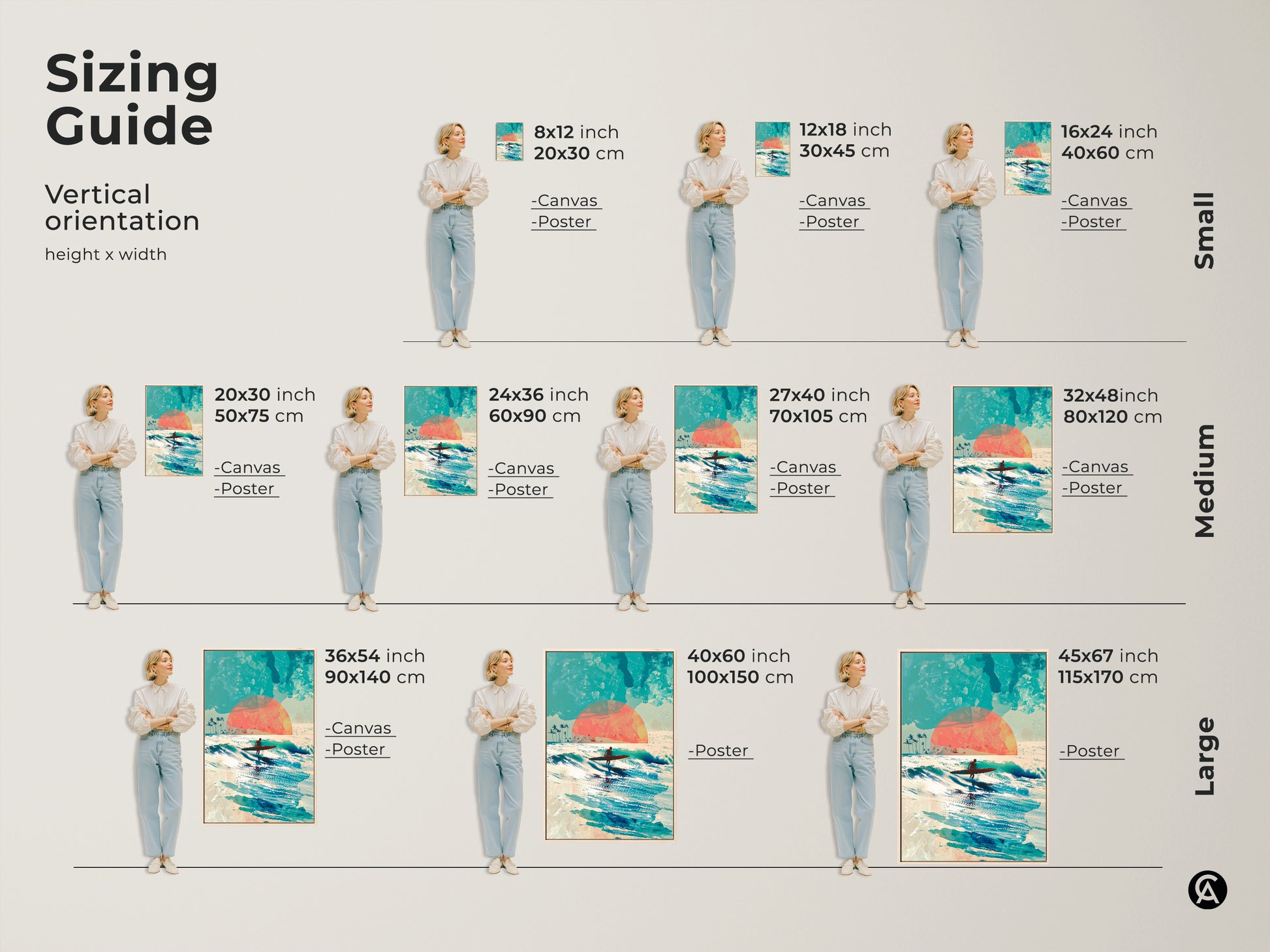 Sizing guide for vertical surfer artwork. Available in small medium and large sizes. Choose the perfect size to fit your space. Canvas and poster options available. Enhance your home decor with ocean inspired artwork.