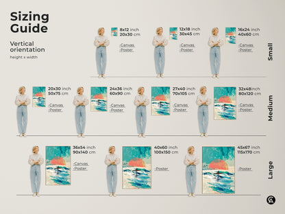 Sizing guide for vertical surfer artwork. Available in small medium and large sizes. Choose the perfect size to fit your space. Canvas and poster options available. Enhance your home decor with ocean inspired artwork.
