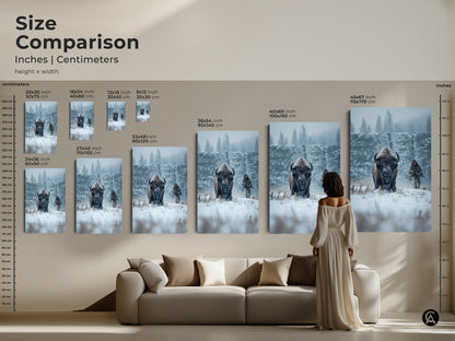 Size comparison of bison art prints in inches and centimeters. See how different sizes fit above a sofa. Choose from canvas or poster prints. Envision the impact of wildlife artwork in your living room. Find the perfect size for your space.