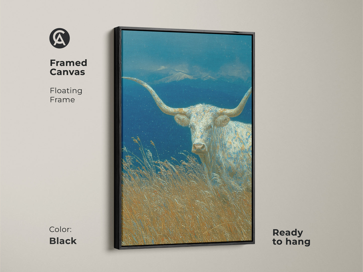 The framed canvas presents the White Longhorn artwork in a sleek black floating frame. The art features a stunning longhorn in a golden field scene. It arrives ready to hang this framed piece adds a touch of elegance. It enhances any room's aesthetic.