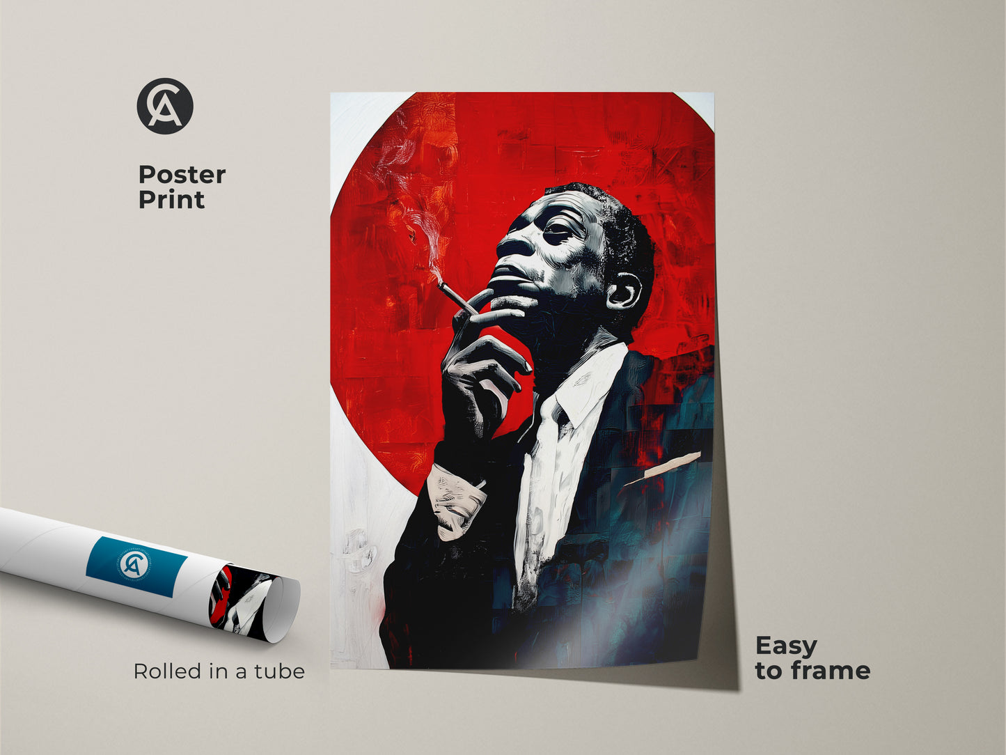 Modern jazz art poster print of an expressive jazz musician. A black and white portrait contrasts a crimson background. Rolled in a tube this cool jazz poster is easy to frame. The perfect gift for musicians.