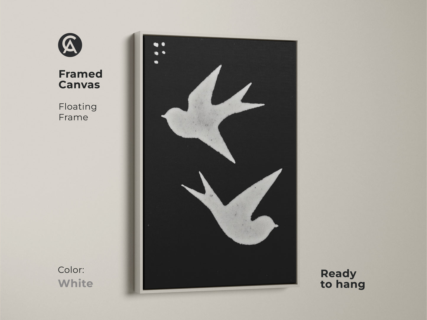 Framed canvas showing minimalist bird art. The black and white art print features a floating frame. Ready to hang Scandinavian decor for any room. The abstract swallows add a touch of modern folk art. Great for home offices.