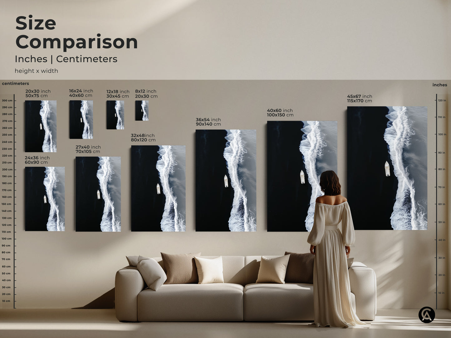 Size comparison of minimalist ocean artwork in inches and centimeters. Visualize the canvas print sizes for coastal beach decor. Perfect for any room or housewarming gift.