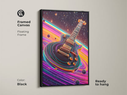 Framed canvas of a psychedelic electric guitar with a black floating frame. Ready to hang this space themed canvas art features pink orange purple hues. A unique and energetic gift for any musician's music room decor.