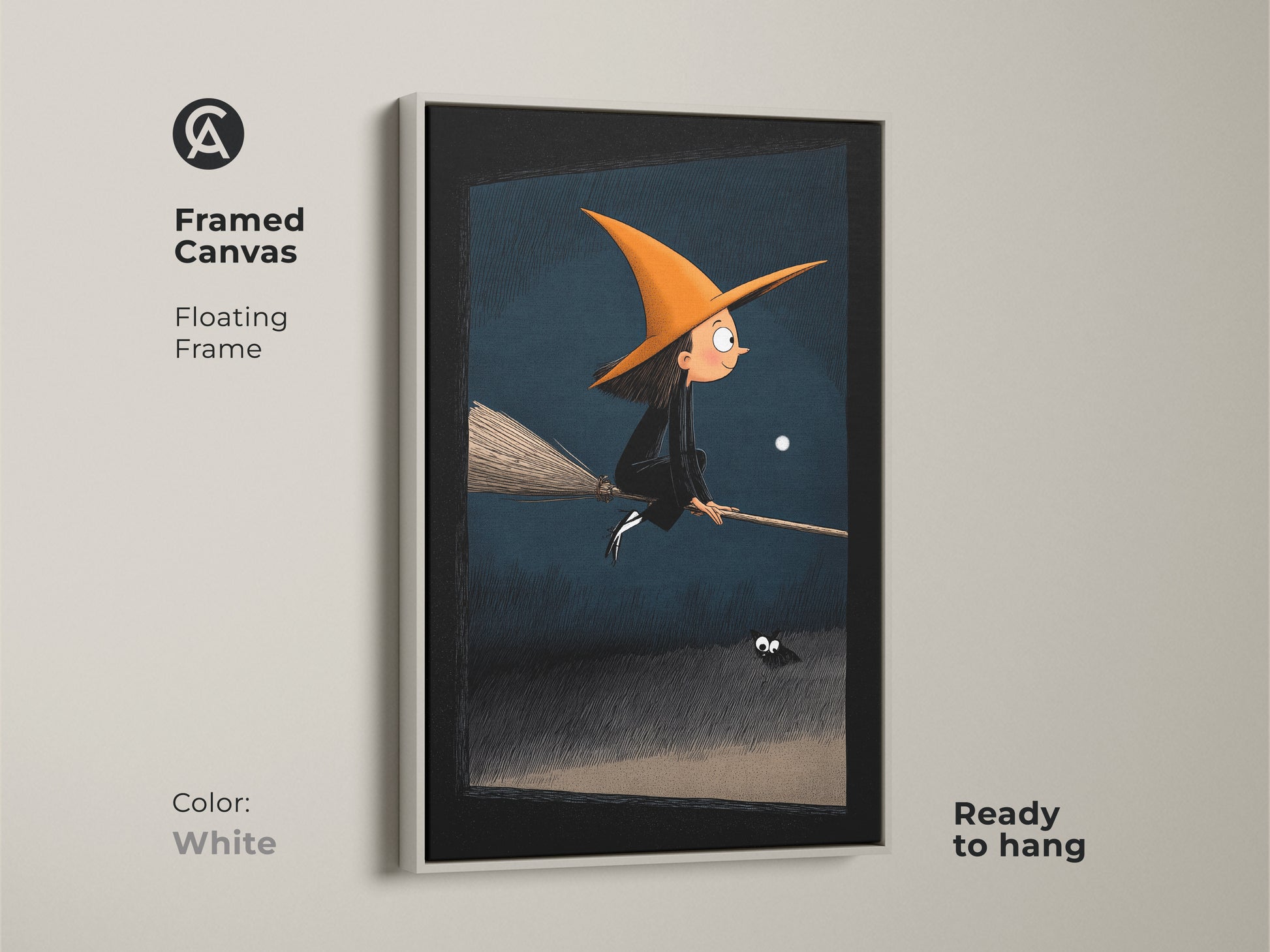 A framed canvas features Halloween art with a floating frame in white. The cute witch poster includes orange black blue kids decor elements. The whimsical fantasy artwork shows a young witch spider and moonlit sky. This ready to hang piece brings spooky fun to any room as art for kids room.