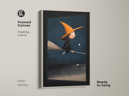 A framed canvas features Halloween art with a floating frame in white. The cute witch poster includes orange black blue kids decor elements. The whimsical fantasy artwork shows a young witch spider and moonlit sky. This ready to hang piece brings spooky fun to any room as art for kids room.