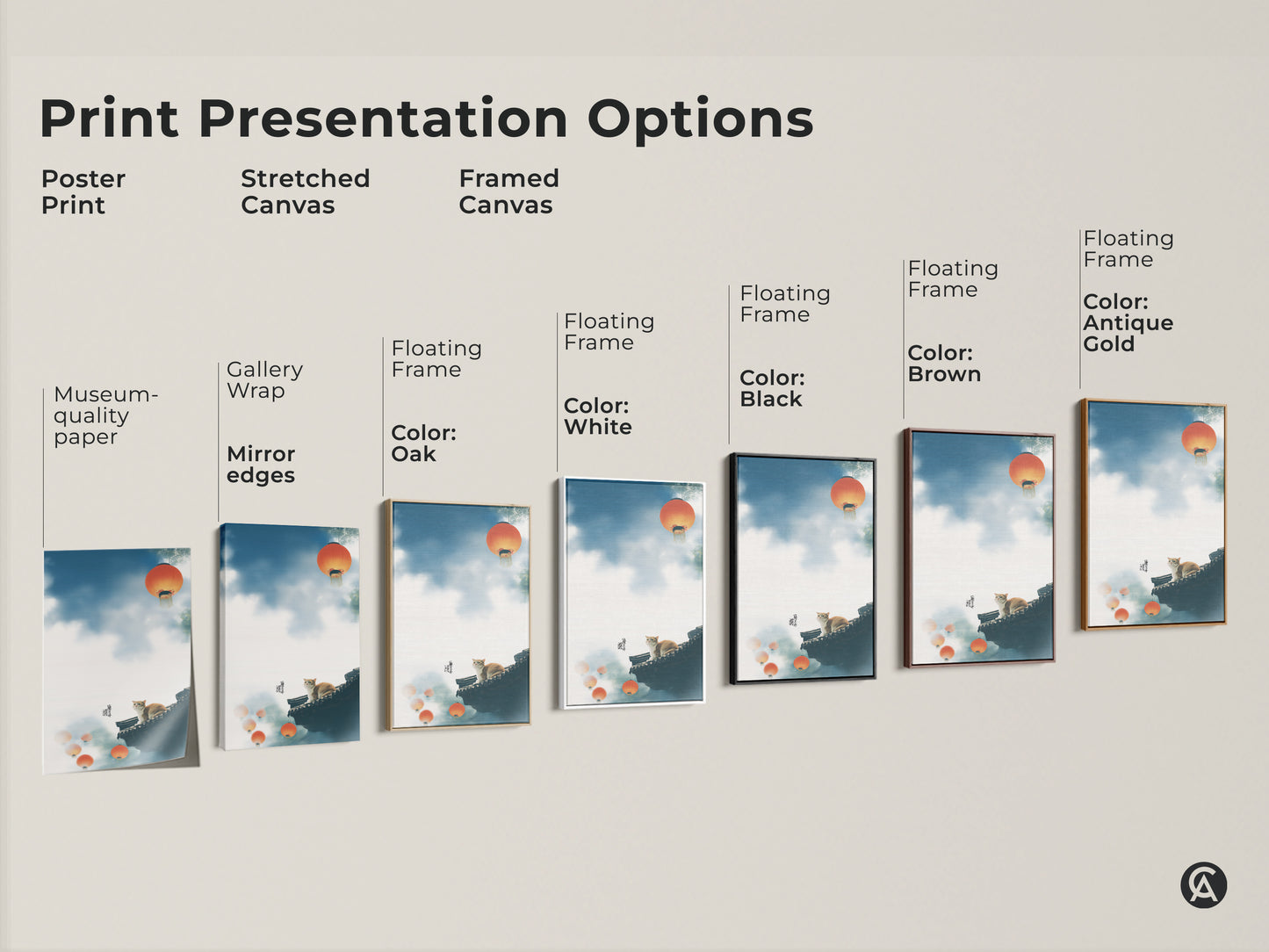 Explore print presentation options for this cat on rooftop art. Choose from poster stretched or framed canvas. Gallery wrap and floating frame styles are available. Select colors like oak white black brown or antique gold. Find the perfect museum-quality edge for your eclectic home decor.