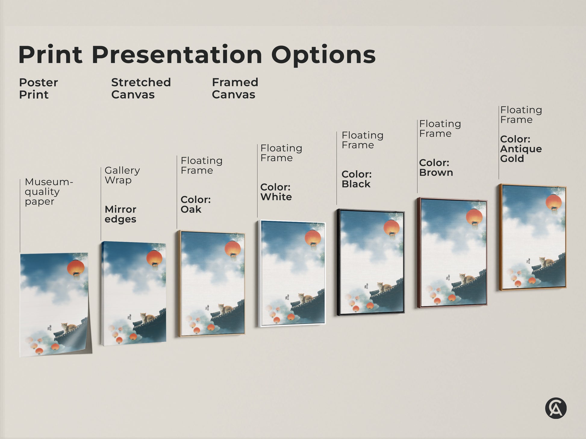 Explore print presentation options for this cat on rooftop art. Choose from poster stretched or framed canvas. Gallery wrap and floating frame styles are available. Select colors like oak white black brown or antique gold. Find the perfect museum-quality edge for your eclectic home decor.
