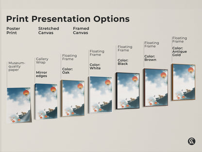 Explore print presentation options for this cat on rooftop art. Choose from poster stretched or framed canvas. Gallery wrap and floating frame styles are available. Select colors like oak white black brown or antique gold. Find the perfect museum-quality edge for your eclectic home decor.