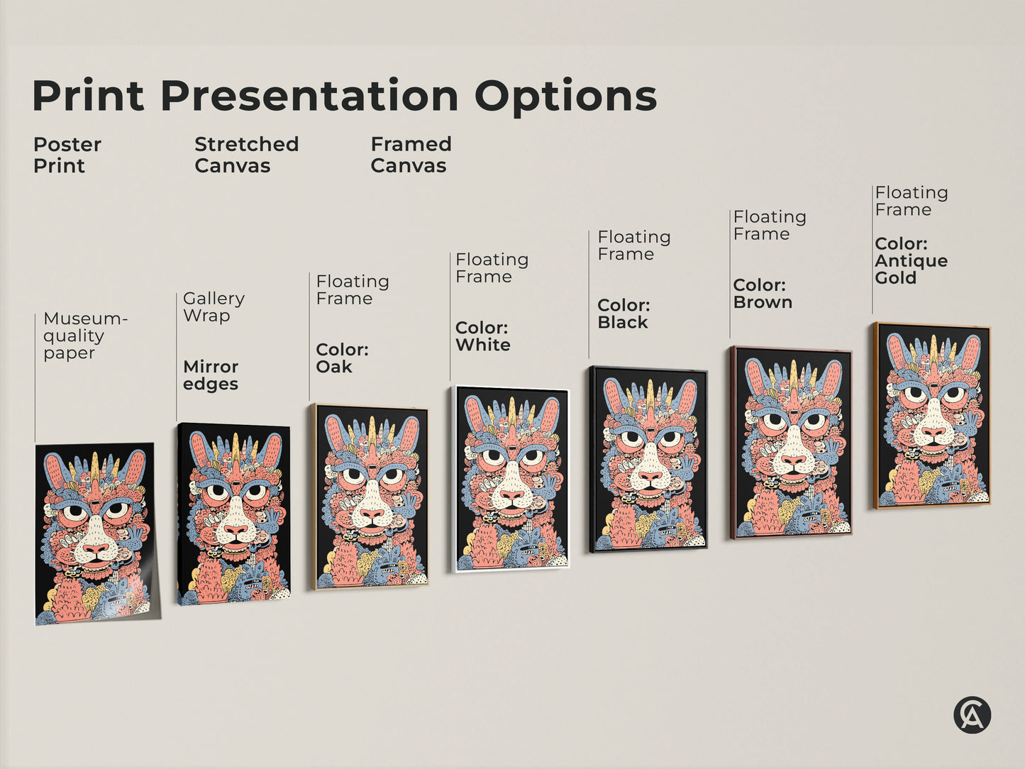 Explore print presentation options for this whimsical cat monster art. Choose from poster prints stretched canvas or framed canvas. Available with gallery wrap mirror edges and floating frames in various colors. Find the perfect style for your eclectic home decor.