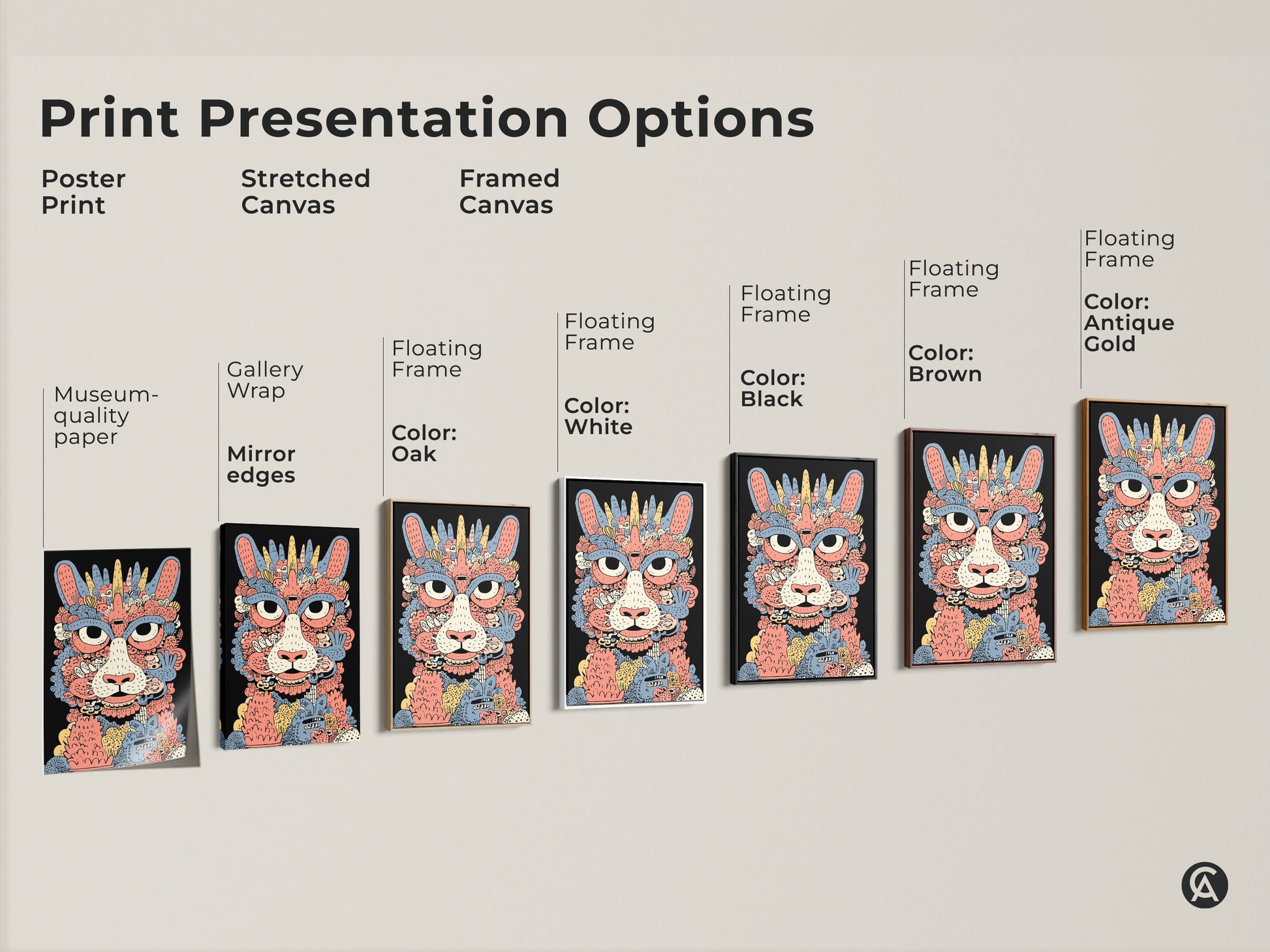 Explore print presentation options for this whimsical cat monster art. Choose from poster prints stretched canvas or framed canvas. Available with gallery wrap mirror edges and floating frames in various colors. Find the perfect style for your eclectic home decor.
