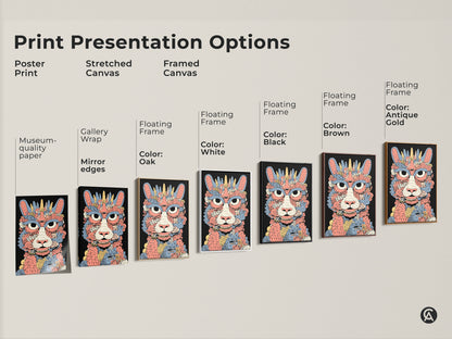 Explore print presentation options for this whimsical cat monster art. Choose from poster prints stretched canvas or framed canvas. Available with gallery wrap mirror edges and floating frames in various colors. Find the perfect style for your eclectic home decor.