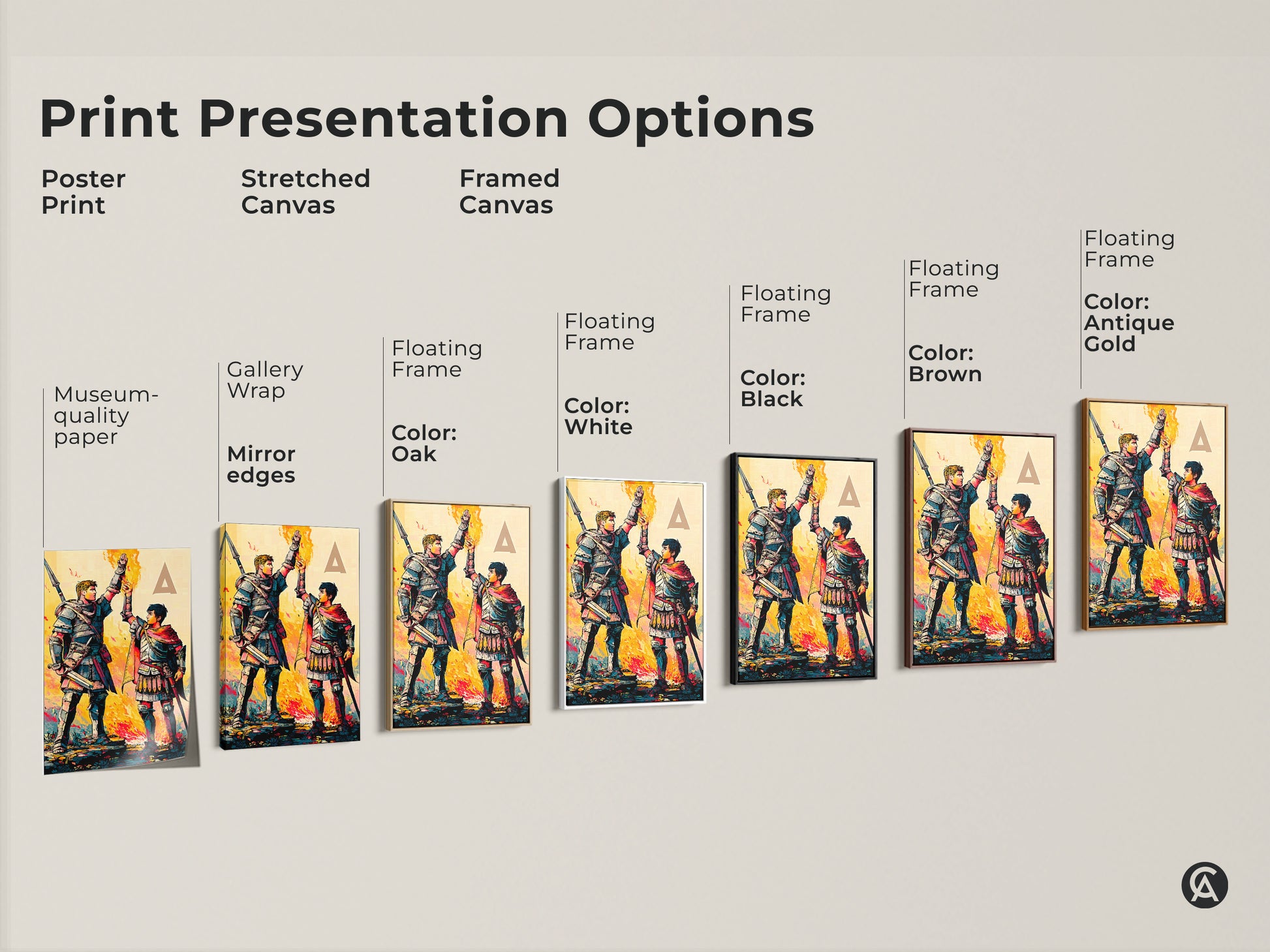 Explore print presentation options for fantasy warrior art. Choose poster prints stretched canvases or framed canvas to complement study room fantasy decor. Vibrant color options are available.