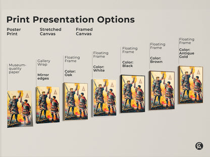 Explore print presentation options for fantasy warrior art. Choose poster prints stretched canvases or framed canvas to complement study room fantasy decor. Vibrant color options are available.