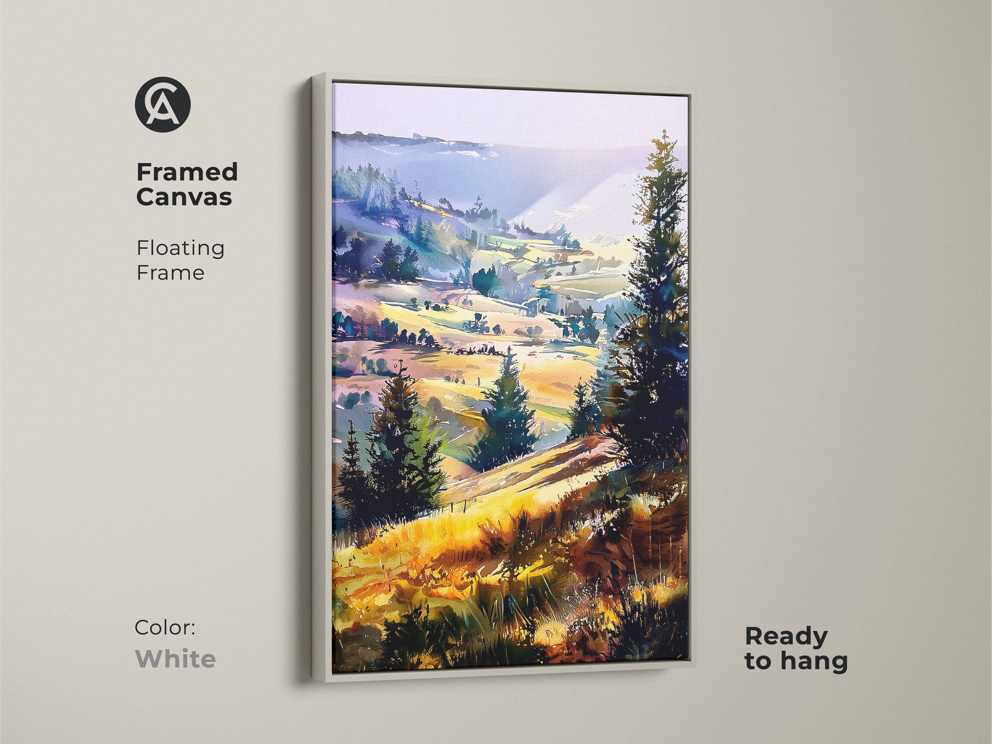 White framed canvas print of a boho landscape. The impressionistic hills and trees artwork offers vibrant landscape canvas. The yellow green purple nature art is ready to hang art for a home office.