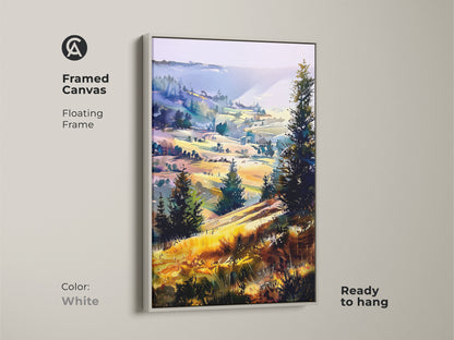 White framed canvas print of a boho landscape. The impressionistic hills and trees artwork offers vibrant landscape canvas. The yellow green purple nature art is ready to hang art for a home office.