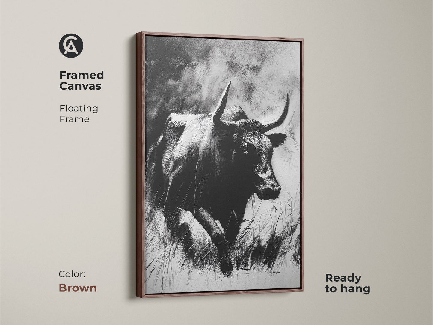 Antique gold framed canvas featuring a bull sketch. This monochrome animal art is ready to hang. A rustic touch for office or study decor. The wildlife print makes a unique gift for animal lovers. This framed artwork enhances any space.