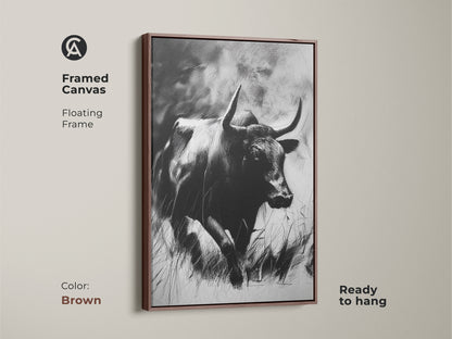 Antique gold framed canvas featuring a bull sketch. This monochrome animal art is ready to hang. A rustic touch for office or study decor. The wildlife print makes a unique gift for animal lovers. This framed artwork enhances any space.