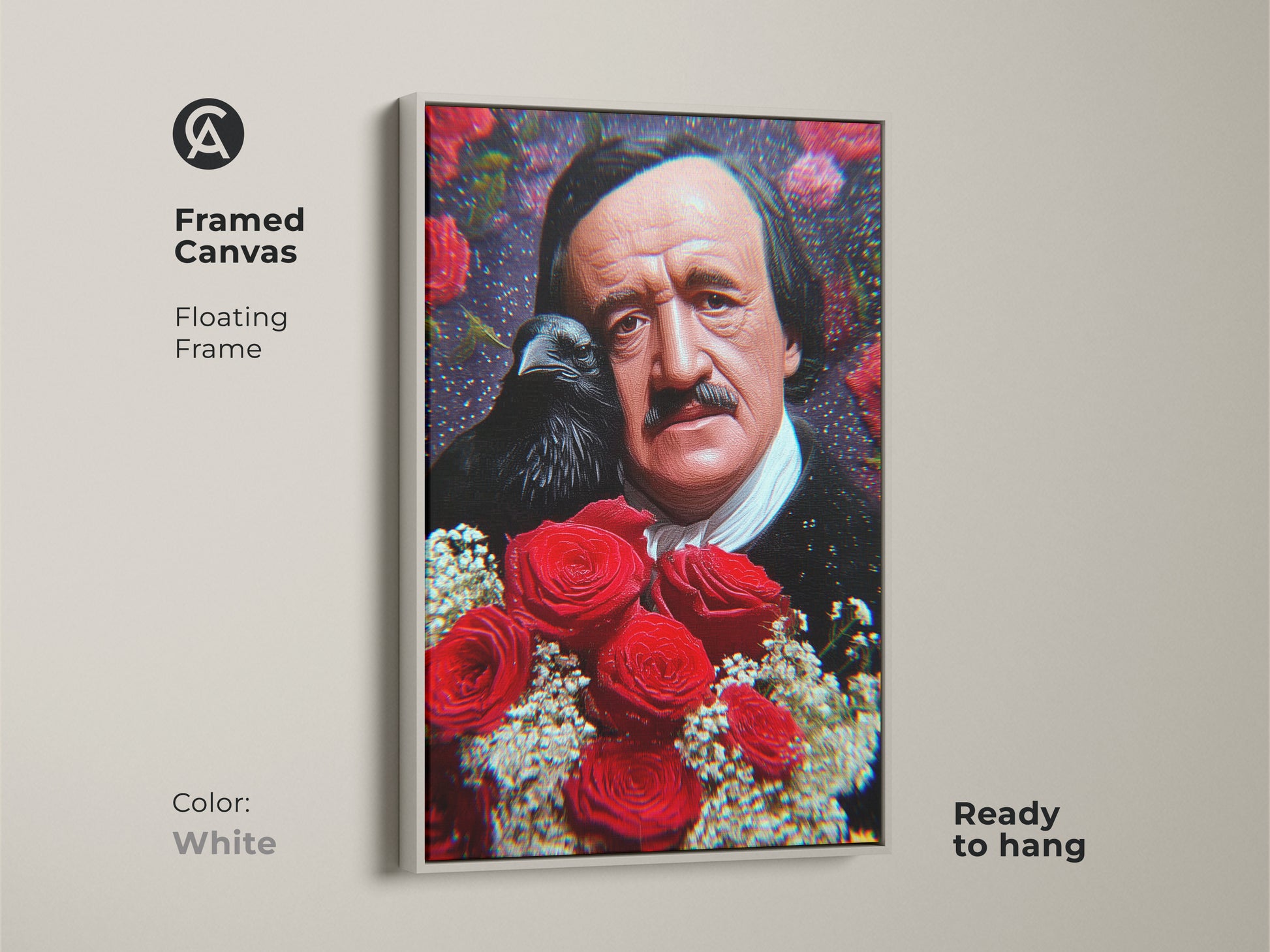 Framed Canvas with a floating white frame displaying an Edgar Allan Poe raven and roses art piece. This ready to hang literary artwork is perfect for macabre literature fans.