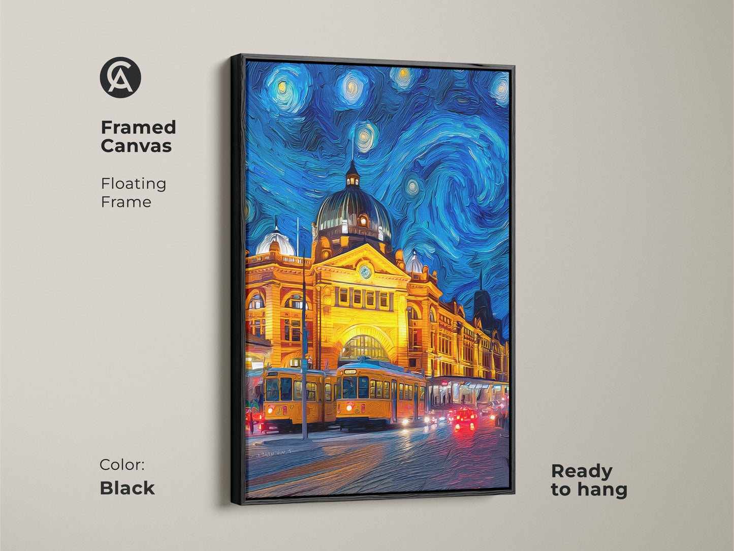 Framed canvas artwork of Flinders Street Station in Melbourne with a black floating frame. The artwork is in a Starry Night style. The canvas is ready to hang. A great gift for travel art collectors.