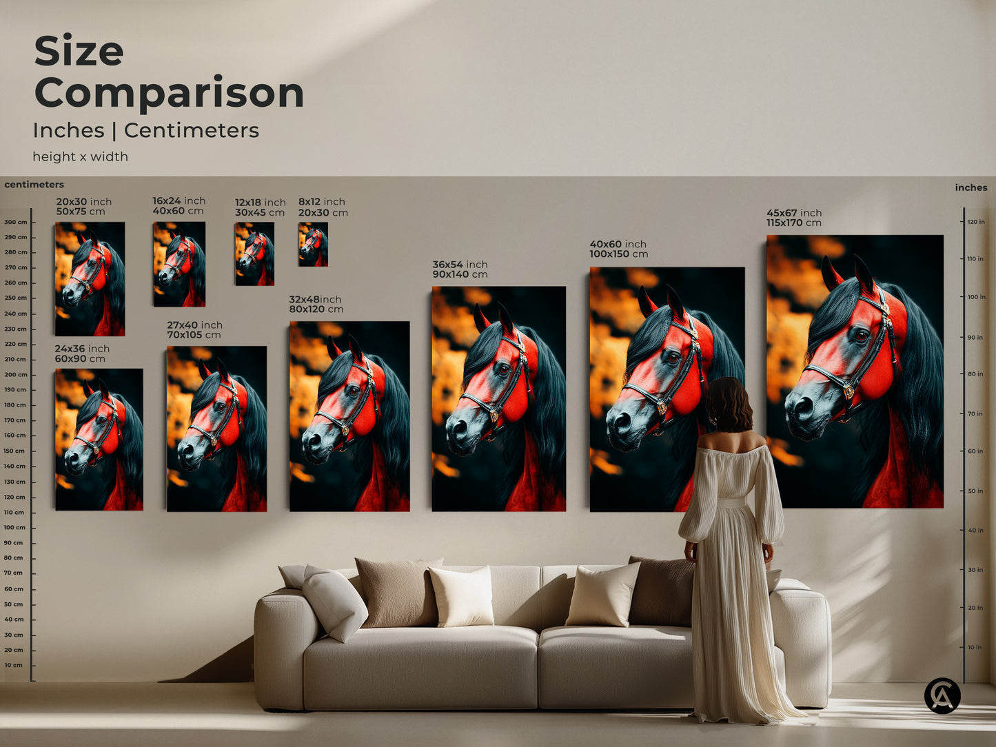 Size comparison of equestrian horse artwork in inches and centimeters. This animal canvas art transforms any room. Visualize the dramatic impact of this red horse art in your space. Perfect wildlife piece for a study or office.