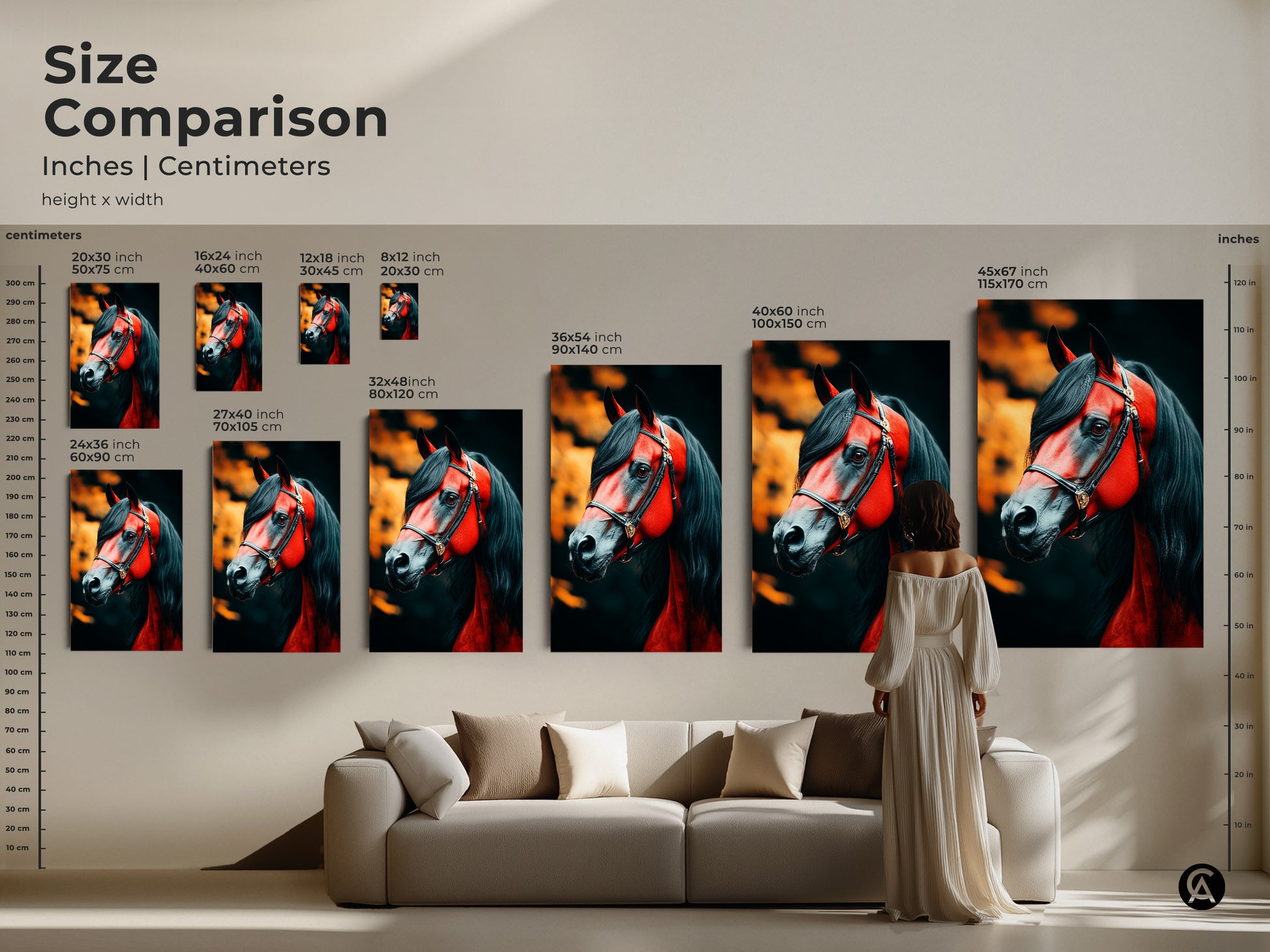 Size comparison of equestrian horse artwork in inches and centimeters. This animal canvas art transforms any room. Visualize the dramatic impact of this red horse art in your space. Perfect wildlife piece for a study or office.