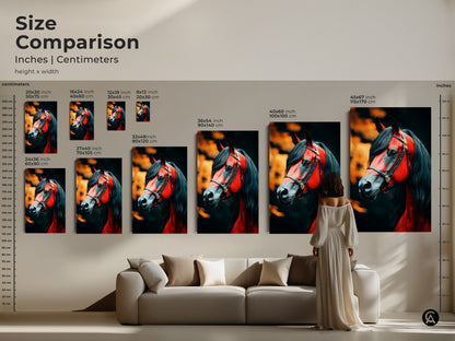 Size comparison of equestrian horse artwork in inches and centimeters. This animal canvas art transforms any room. Visualize the dramatic impact of this red horse art in your space. Perfect wildlife piece for a study or office.