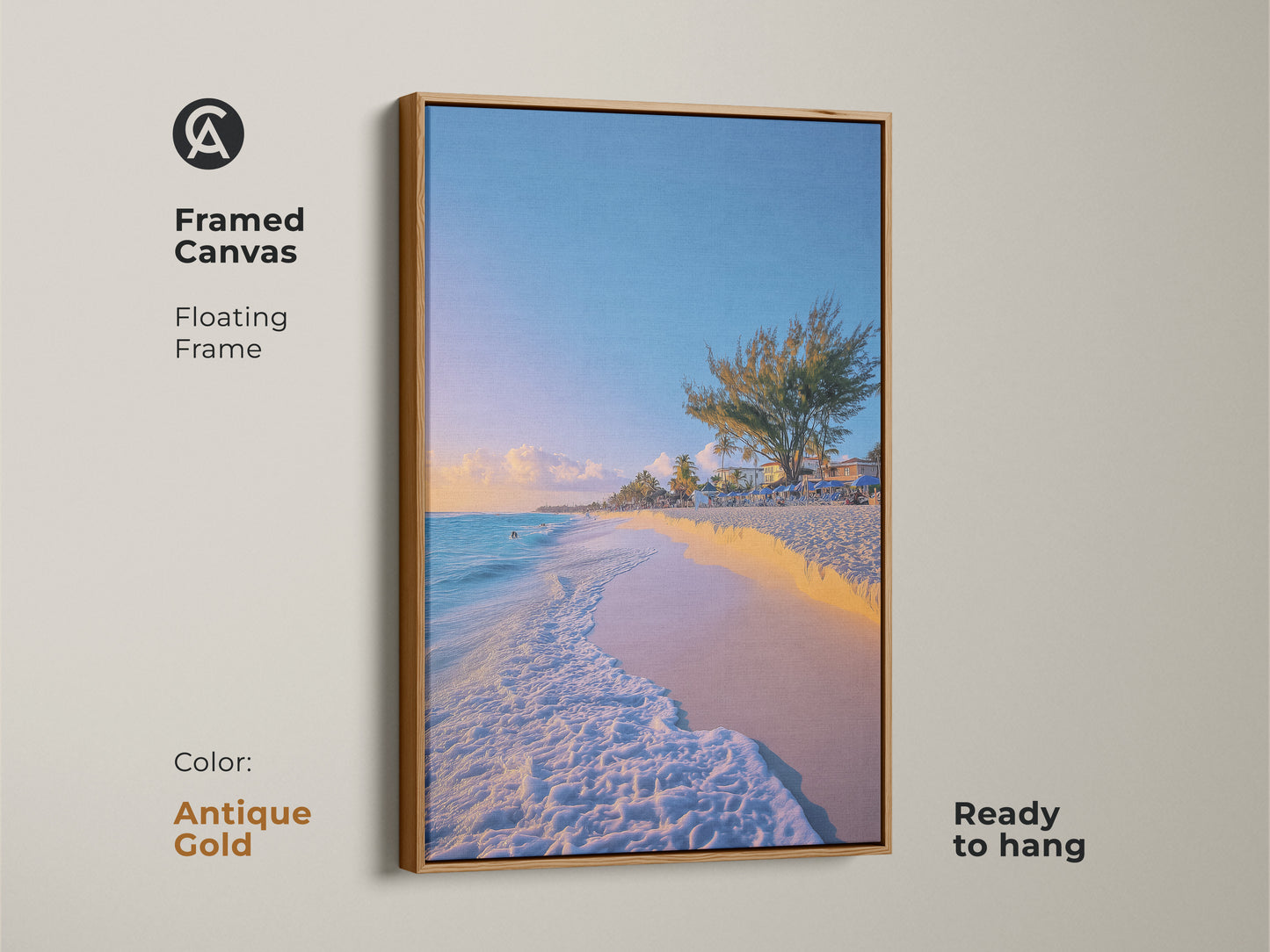 Antique Gold Framed Canvas Sky Blue Aqua Beach artwork featuring tropical palm trees and ocean landscape. This coastal home decor wall art is ready to hang. The antique gold floating frame adds a vintage touch. Ideal as a housewarming gift for beach lovers.