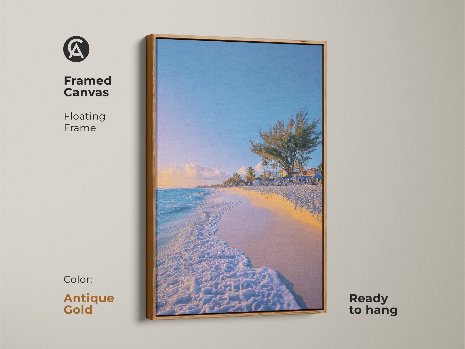 Antique Gold Framed Canvas Sky Blue Aqua Beach artwork featuring tropical palm trees and ocean landscape. This coastal home decor wall art is ready to hang. The antique gold floating frame adds a vintage touch. Ideal as a housewarming gift for beach lovers.