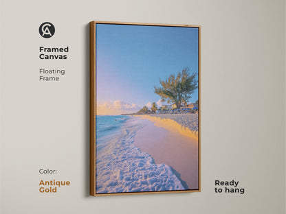 Antique Gold Framed Canvas Sky Blue Aqua Beach artwork featuring tropical palm trees and ocean landscape. This coastal home decor wall art is ready to hang. The antique gold floating frame adds a vintage touch. Ideal as a housewarming gift for beach lovers.