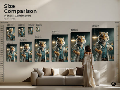 A size comparison of an artwork featuring a tiger dressed as a doctor. The artwork is shown in various sizes in inches and centimeters. A woman is standing in front of a couch to show scale. Find the perfect size for your wall decor