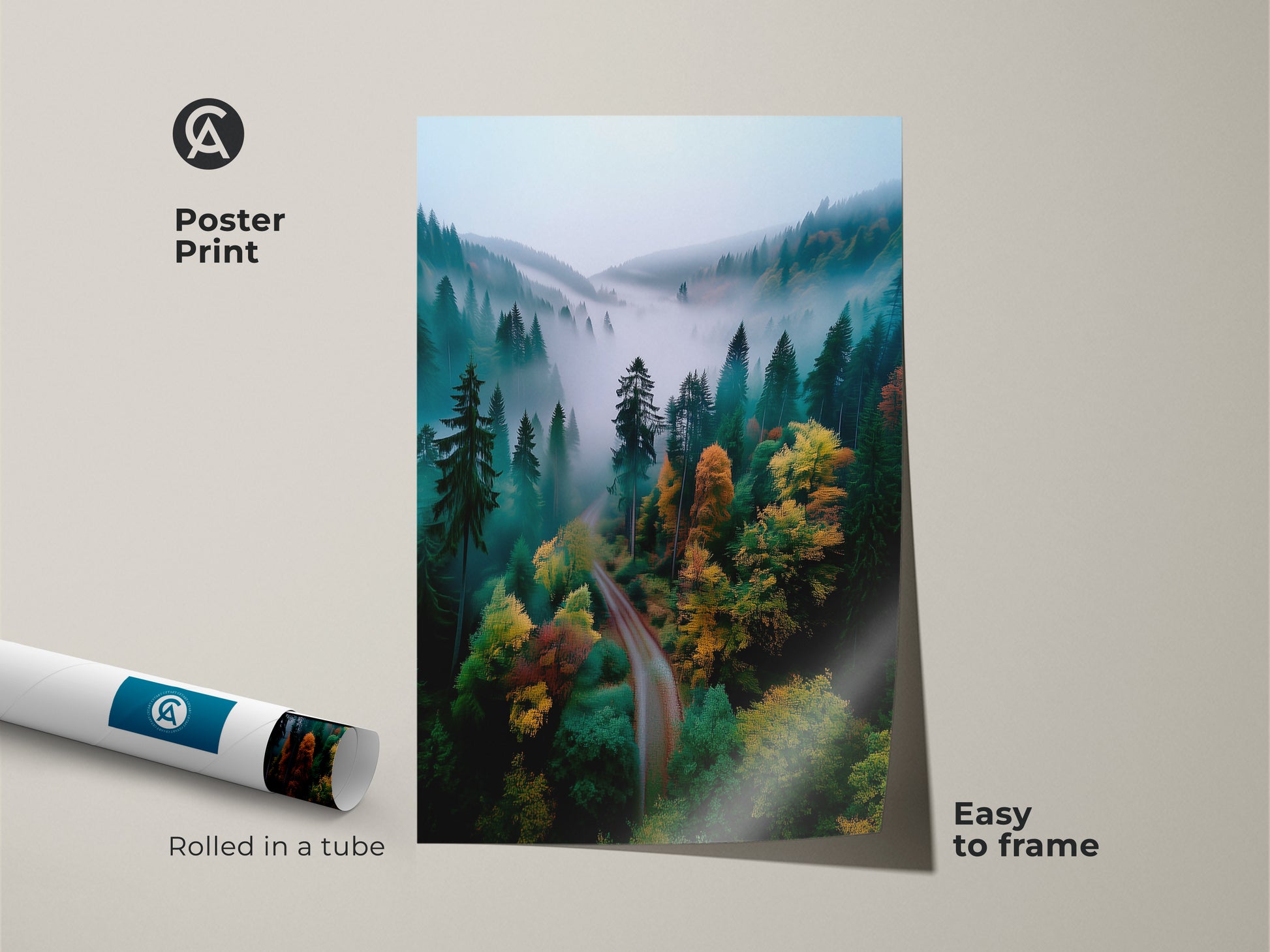 Poster print of forest landscape. The artwork is rolled in a tube for easy framing. The misty forest scene is printed on museum-quality paper. This poster print is an affordable option. Bring the beauty of nature into your home with this piece.
