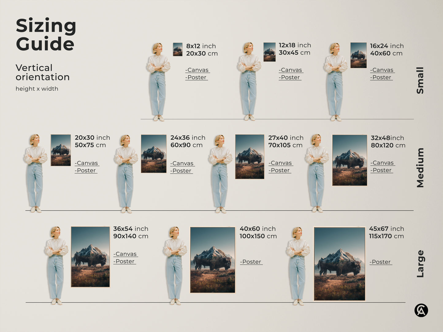 Sizing guide for vertical orientation artwork. Available in small medium and large sizes. Choose from canvas or poster prints. Find the perfect fit for your space with our bison and mountain artwork.