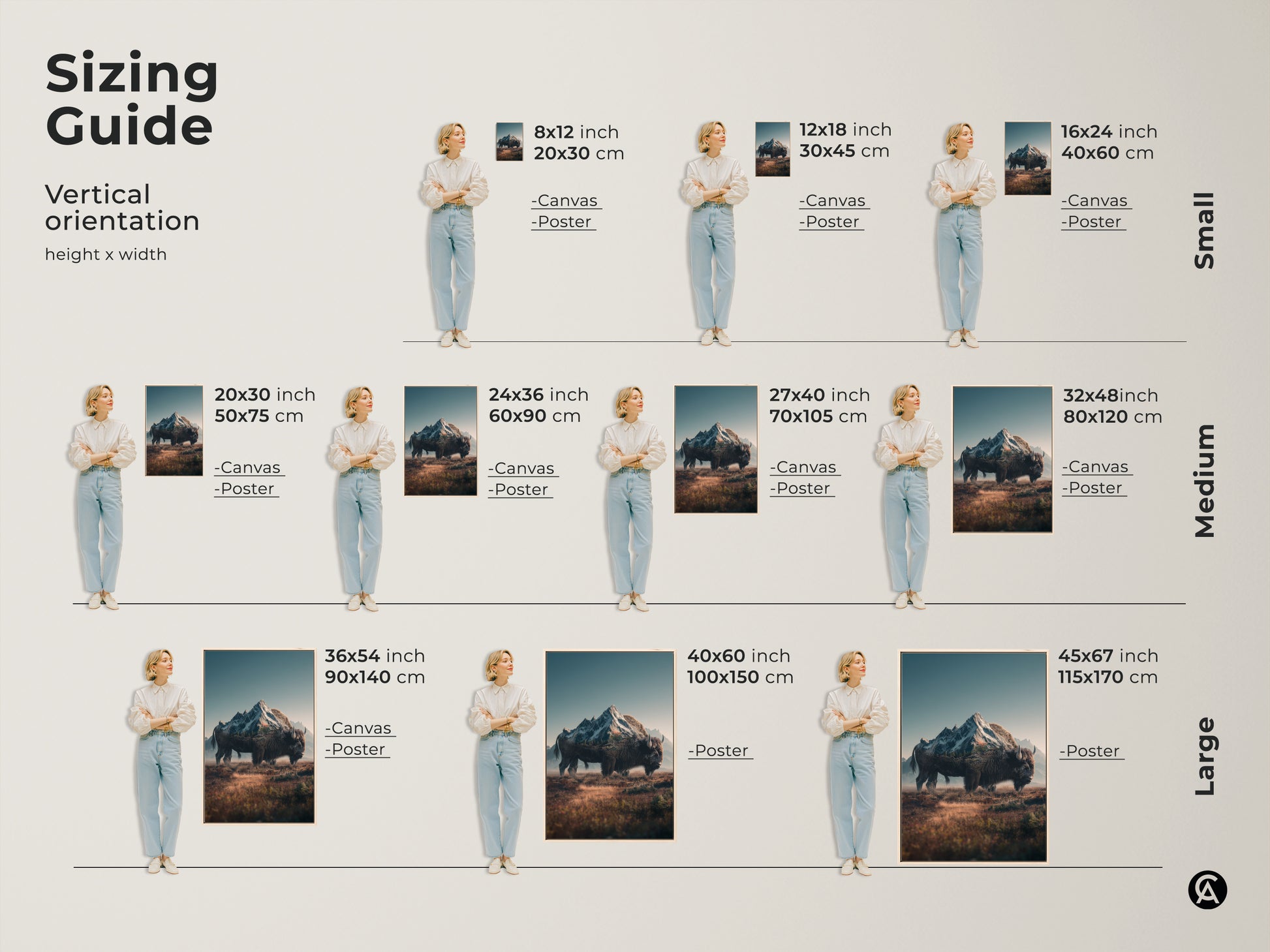 Sizing guide for vertical orientation artwork. Available in small medium and large sizes. Choose from canvas or poster prints. Find the perfect fit for your space with our bison and mountain artwork.