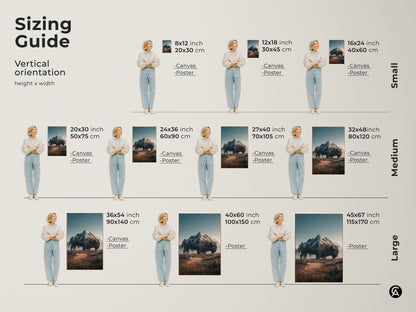 Sizing guide for vertical orientation artwork. Available in small medium and large sizes. Choose from canvas or poster prints. Find the perfect fit for your space with our bison and mountain artwork.