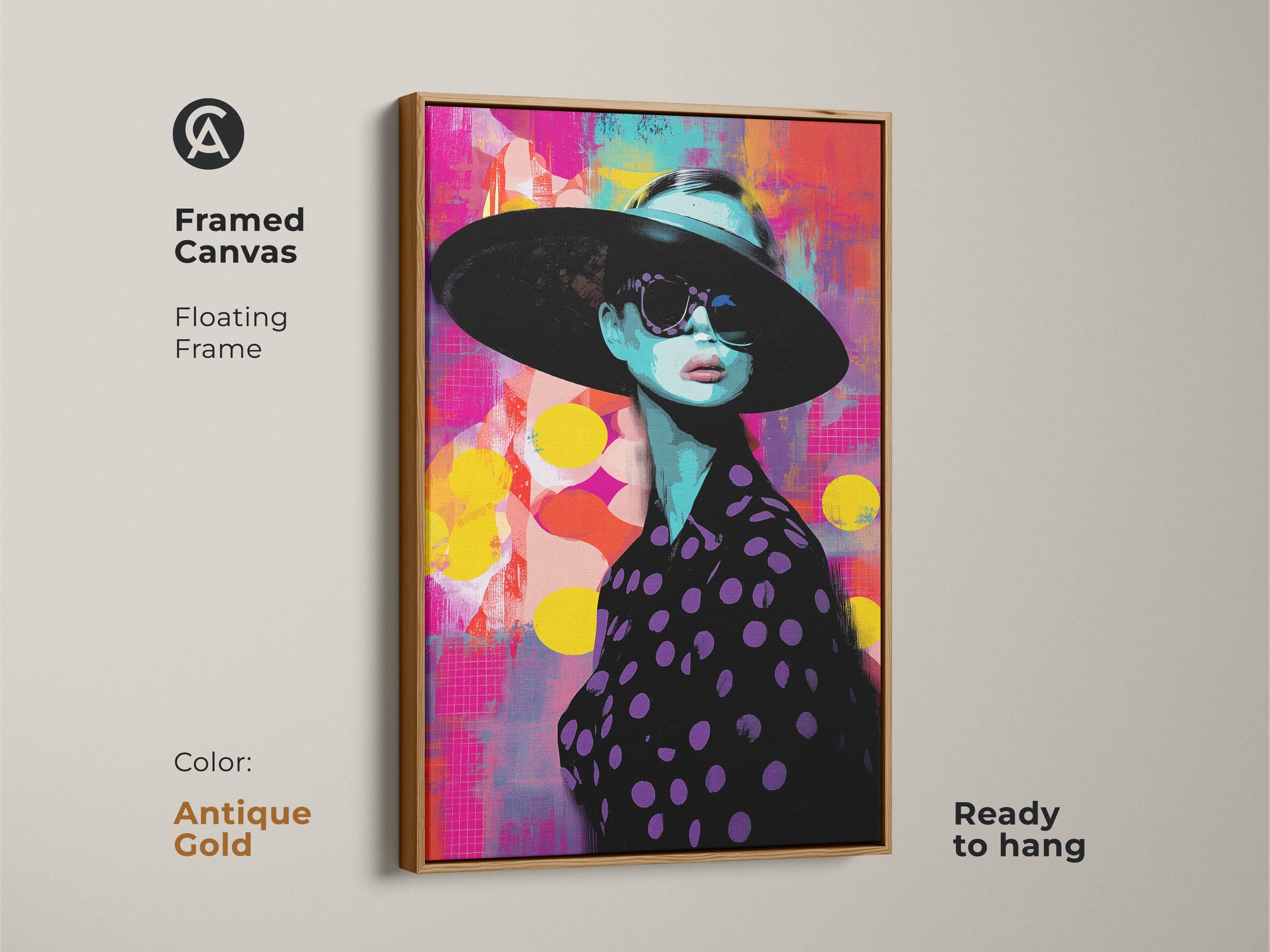 Framed canvas with a floating antique gold frame. Featuring a chic pop art woman portrait. The abstract fashion wall art adds a contemporary touch. Ready to hang unique wall art gift.