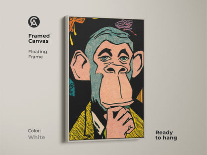 A framed canvas showcasing Bored Ape NFT artwork. The white floating frame offers a clean look. Ready to hang and easy to display this artwork is perfect for modern art lovers. A unique piece for any NFT enthusiast.