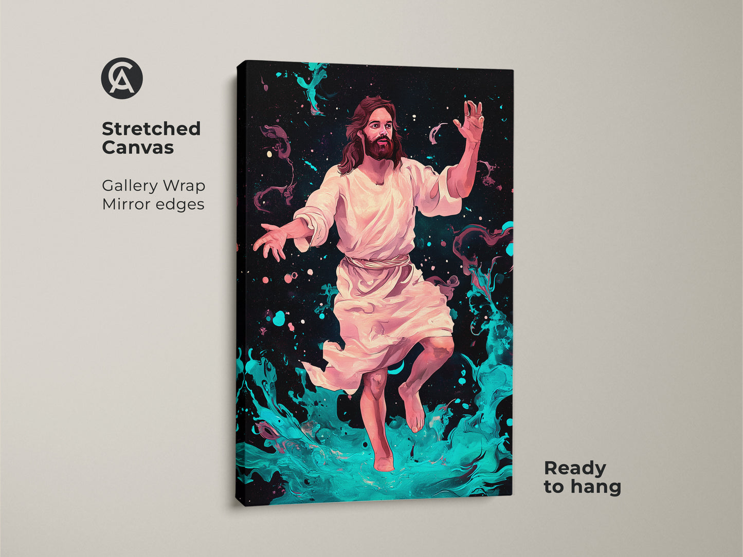 Stretched Canvas of Jesus Christ Abstract. It features gallery wrap mirror edges and is ready to hang. Abstract cosmic art spiritual wall decor. Religious painting is teal and pink abstract art.