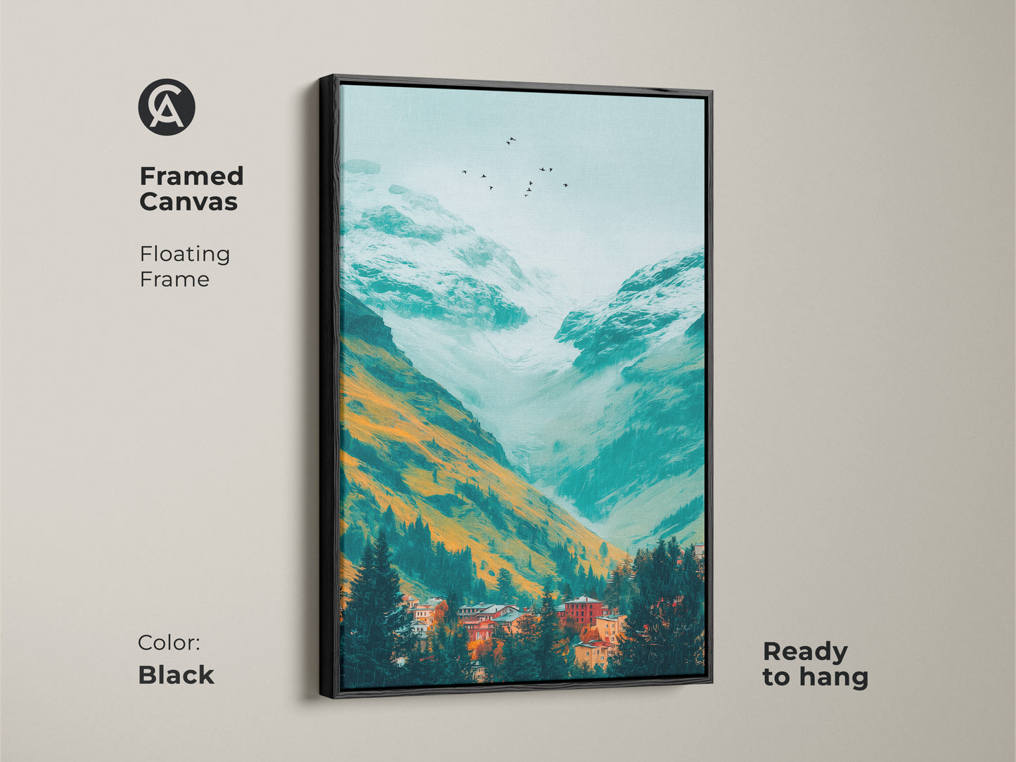 A framed canvas print of a teal mountain valley artwork. The image depicts orange and white mountains above a village nestled in evergreen trees. Birds are flying overhead. The frame is a sleek black. Ready to hang.