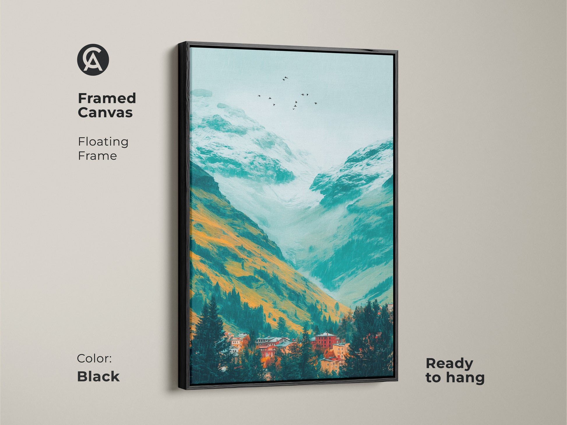 A framed canvas print of a teal mountain valley artwork. The image depicts orange and white mountains above a village nestled in evergreen trees. Birds are flying overhead. The frame is a sleek black. Ready to hang.