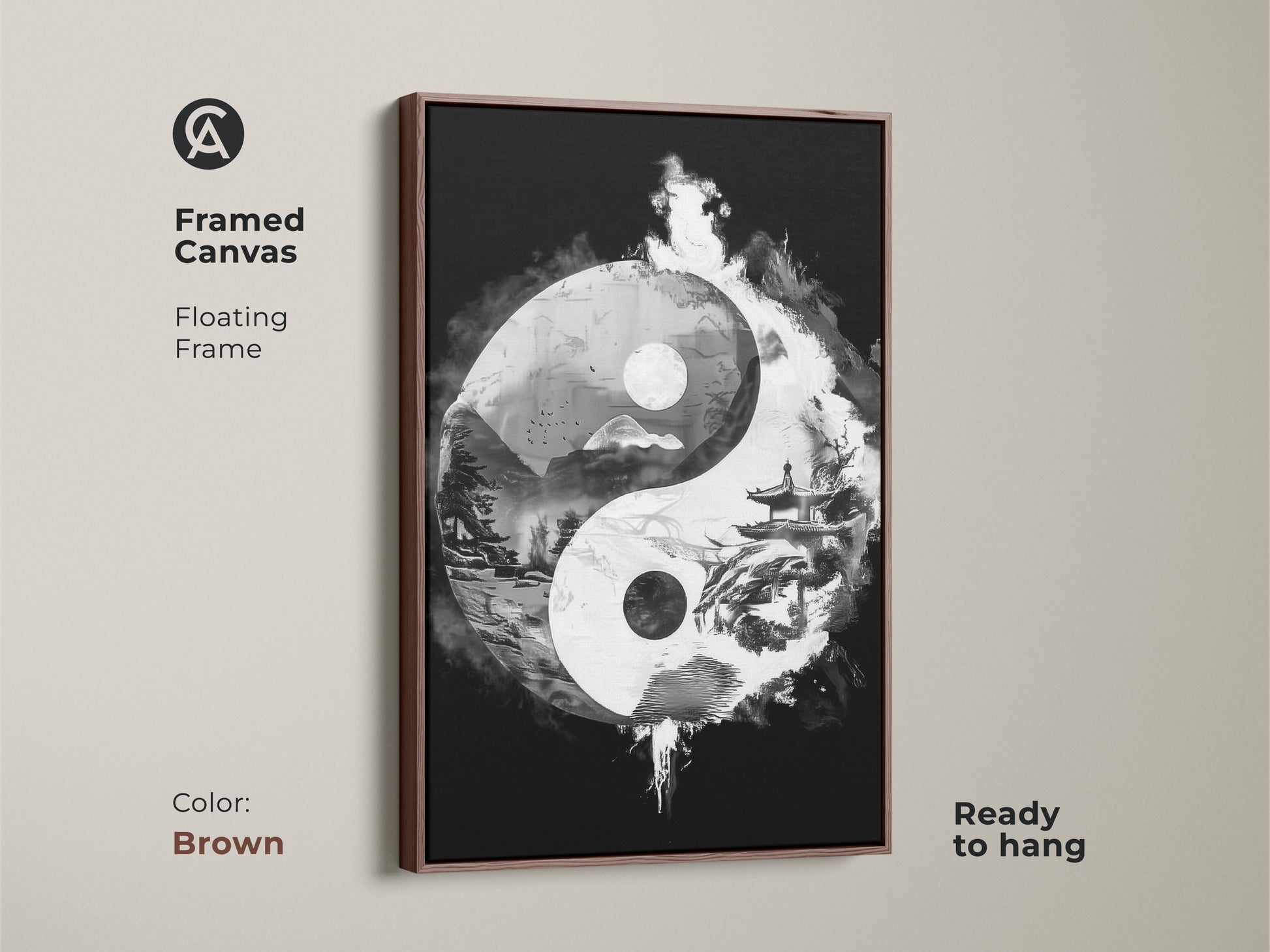 Framed canvas of Yin Yang abstract art with a brown floating frame. Black and white surrealism brings zen balance. Ready to hang for contemplative office art. Ideal for Feng Shui wall art.